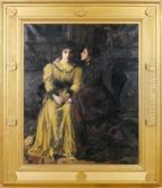 Two Ladies In An Interior Oil Painting by Thomas E. Mostyn