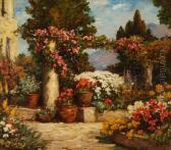 A Floralarbour In An Italianate Garden Oil Painting by Thomas E. Mostyn