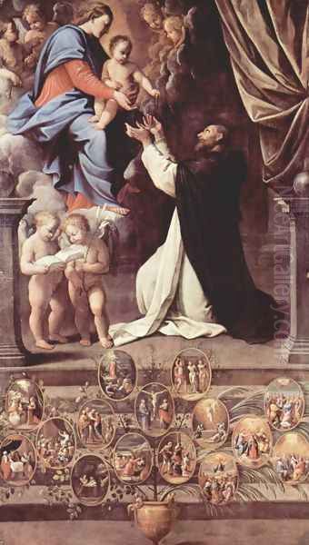 Rosary Madonna, scene, Mary with St. Dominic, two angels and medallions with representation scenes from the life of Oil Painting by Guido Reni