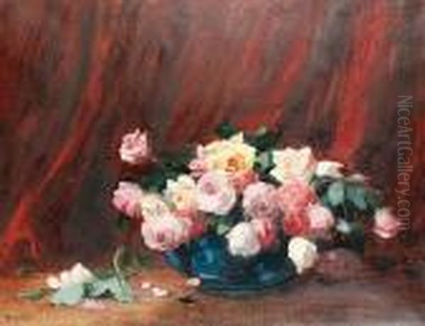 Still Life Of Roses In A Blue Bowl Oil Painting by Thomas E. Mostyn