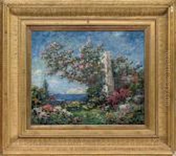 A Garden In Full Bloom, The Sea Beyond Oil Painting by Thomas E. Mostyn