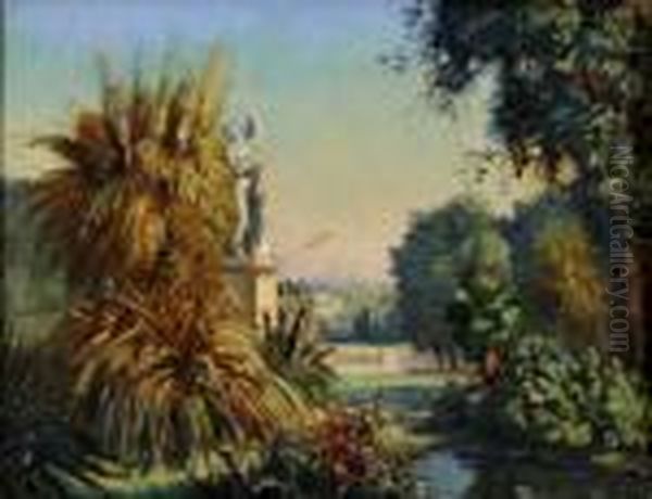 A Tropical Garden Landscape Oil Painting by Thomas E. Mostyn