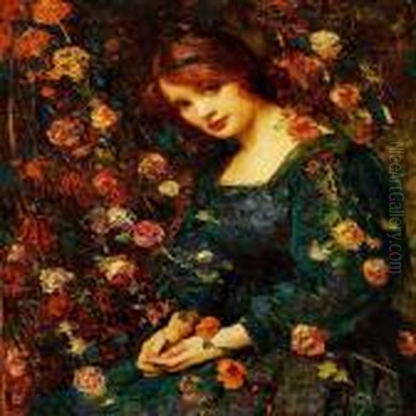 Woman In Agreen Dress Amongst Growing Roses Oil Painting by Thomas E. Mostyn