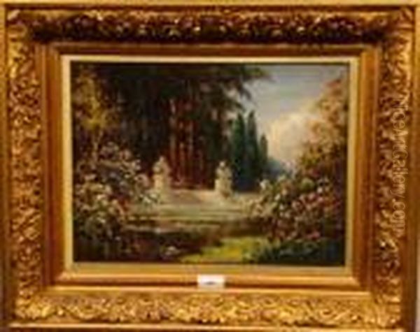 A Lake Before An Ornamental Terrace And An Arboretum Beyond Oil Painting by Thomas E. Mostyn