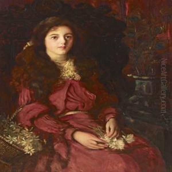 Seated Girl Ina Red Dress With Basket Of Flowers Oil Painting by Thomas E. Mostyn