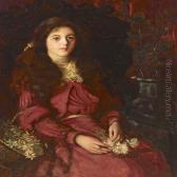 Seated Girl In A Red Dress With Basket Of Flowers Oil Painting by Thomas E. Mostyn