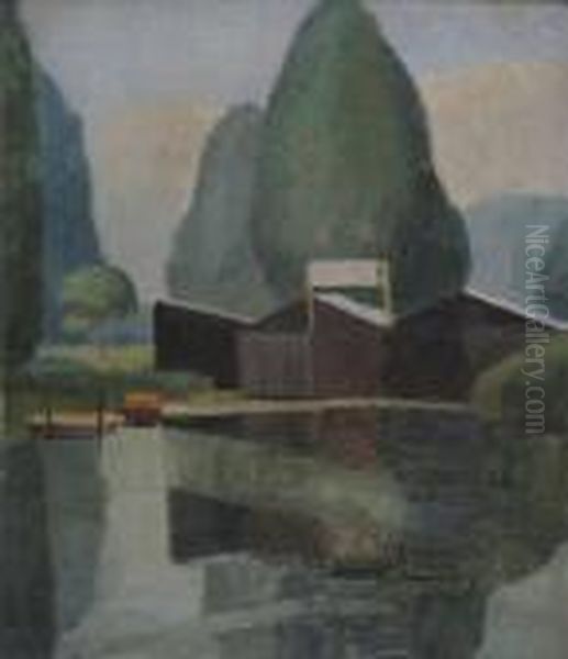 A River Landscape With A Boathouse Oil Painting by Thomas E. Mostyn