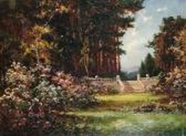 A Garden Terrace Oil Painting by Thomas E. Mostyn