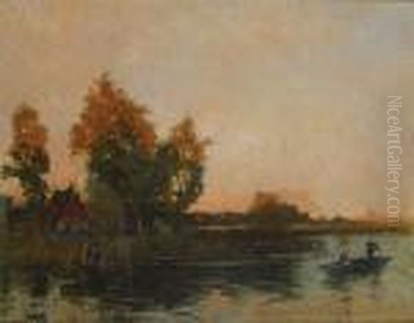 Bootje Op Het Water. Oil Painting by Thomas E. Mostyn