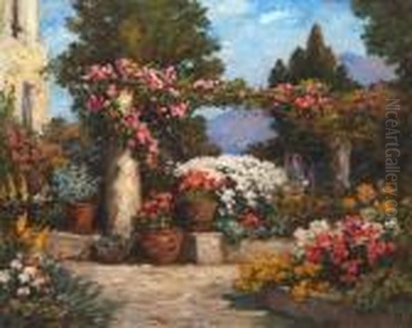 Floral Garden Terrace With Rose Arbour Oil Painting by Thomas E. Mostyn