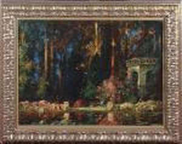 An Ornamental Garden And Lake Oil Painting by Thomas E. Mostyn