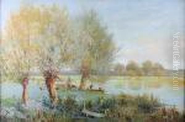 Bushey, Hertfordshire, With 
Figures By The Banks Of The Thames, And Another Similar With Figures 
Picnicking, A Pair Oil Painting by Thomas E. Mostyn