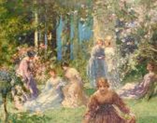 Ladies In A Garden Oil Painting by Thomas E. Mostyn