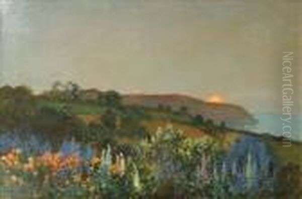 Sunset Over The Headland Oil Painting by Thomas E. Mostyn