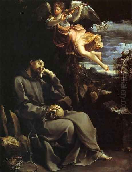 St Francis Consoled by Angelic Music Oil Painting by Guido Reni