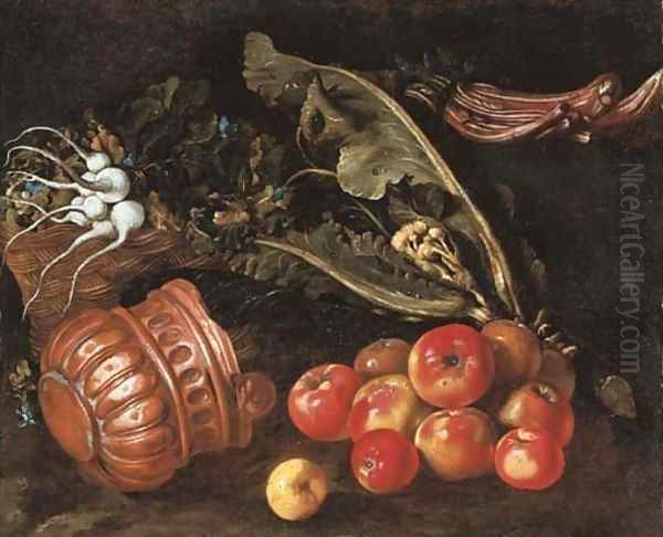 Turnips in a basket with cauliflower, cardoon, apples and a copper pot on a ledge Oil Painting by Giovanni Battista Ruoppolo