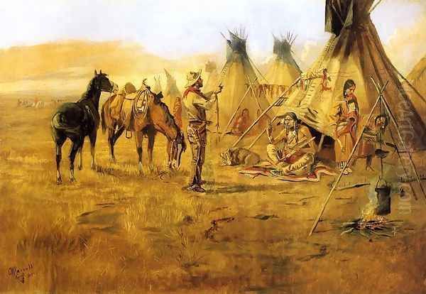 Cowboy Bargaining for an Indian Girl Oil Painting by Charles Marion Russell