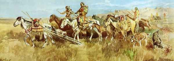 Indian Women Moving Camp I Oil Painting by Charles Marion Russell