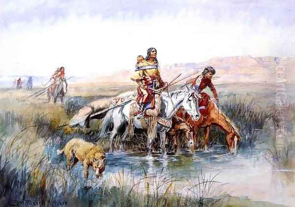 Indian Women Moving Camp Oil Painting by Charles Marion Russell