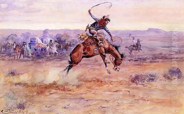 Bucking Bronco Oil Painting by Charles Marion Russell