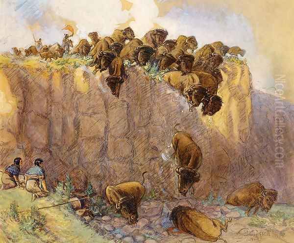 Driving Buffalo Over the Cliff Oil Painting by Charles Marion Russell