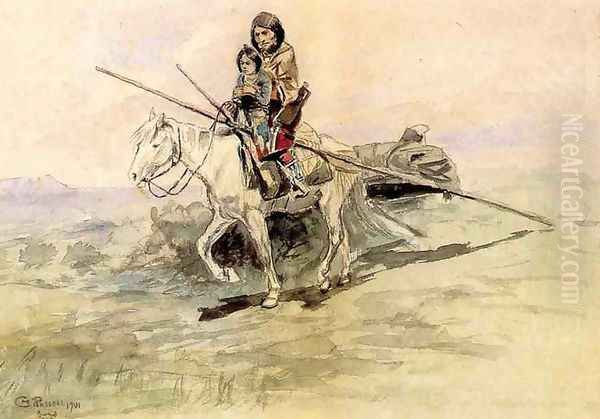 Indian on Horseback with a Child Oil Painting by Charles Marion Russell