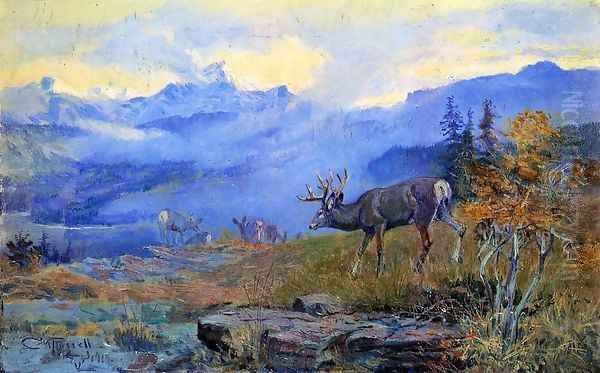 Deer Grazing Oil Painting by Charles Marion Russell