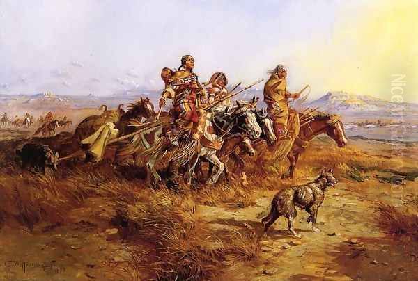 Indian Women Moving Oil Painting by Charles Marion Russell