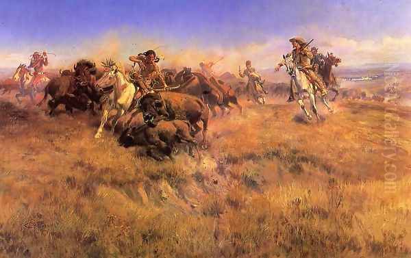 Running Buffalo Oil Painting by Charles Marion Russell