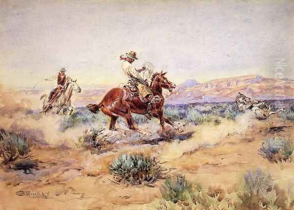 Roping a Wolf Oil Painting by Charles Marion Russell