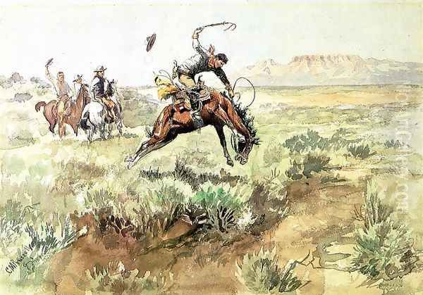 Bronco Busting Oil Painting by Charles Marion Russell