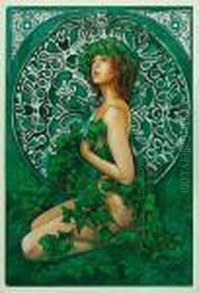 Frauenakt Mit Efeu Oil Painting by Alphonse Maria Mucha