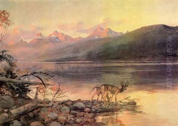 Deer at Lake McDonald Oil Painting by Charles Marion Russell