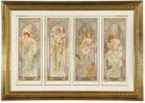 Four Times Of A Day Oil Painting by Alphonse Maria Mucha