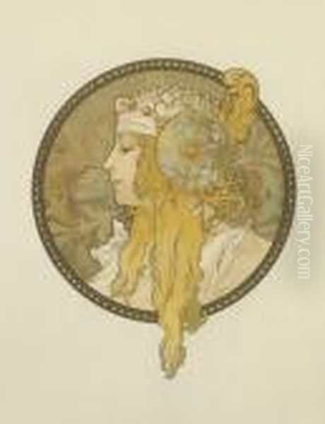 Tete Byzantine - Blonde Oil Painting by Alphonse Maria Mucha