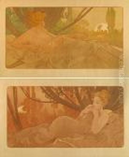 Dawn And Dusk Oil Painting by Alphonse Maria Mucha