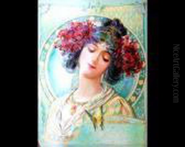 Art Nouveau Maiden With Flowers Oil Painting by Alphonse Maria Mucha