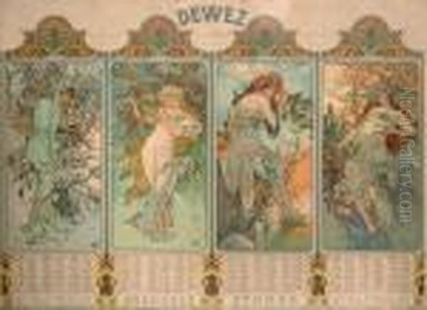 Dewez - Les Quatre Saisons Oil Painting by Alphonse Maria Mucha