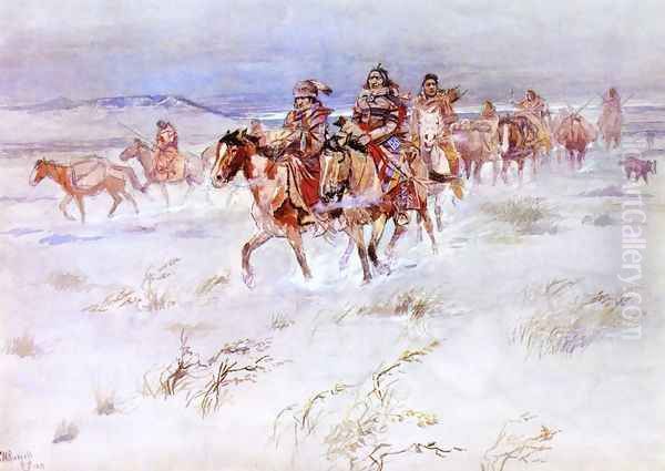 Crees Coming in to Trade Oil Painting by Charles Marion Russell