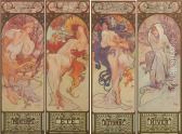 Les Quatre Saisons Oil Painting by Alphonse Maria Mucha