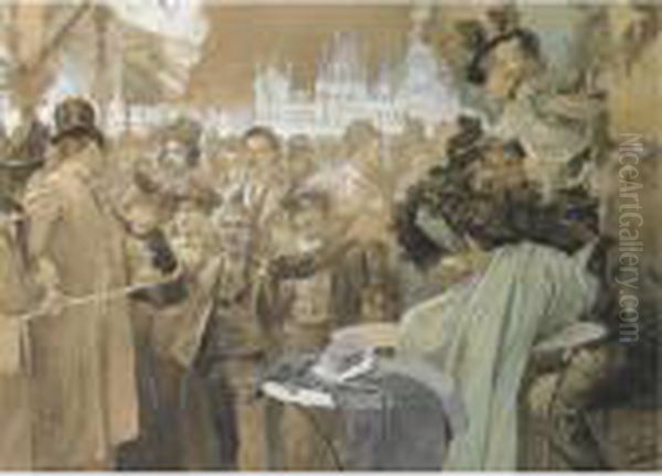 Rejouissances Devant L'hotel De Ville Pour La Venue Des Souverains Russes Oil Painting by Alphonse Maria Mucha