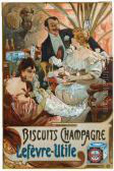 Biscuits Champagne Lefevre-utile Oil Painting by Alphonse Maria Mucha