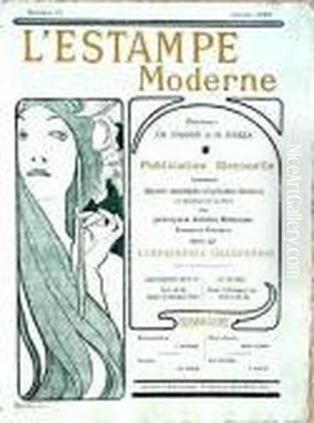 Mucha- Cover For L'estampe Moderne- Lithograph, 1899, Very Good Condition. 16 1/4 X 12'' Oil Painting by Alphonse Maria Mucha