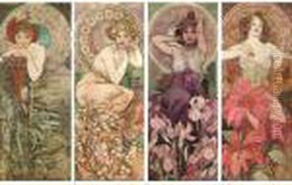 The Four Precious Stones: Emerald, Amethyst, Ruby And Topaz Oil Painting by Alphonse Maria Mucha