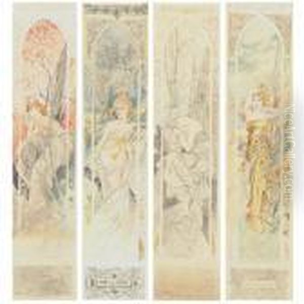 The Four Times Of Day Oil Painting by Alphonse Maria Mucha