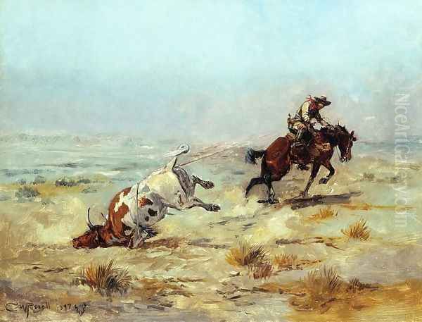 Lassoing a Steer Oil Painting by Charles Marion Russell