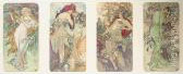 'four Seasons': A Set Of Four Colour Lithographs, Early 20th Century Oil Painting by Alphonse Maria Mucha