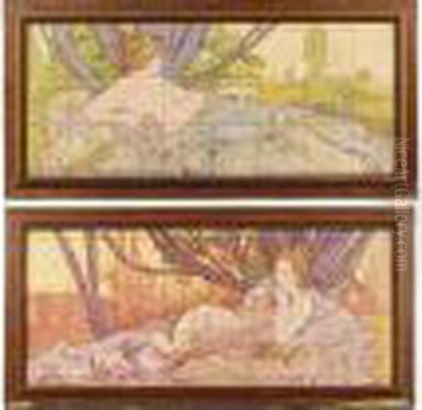 Pair Of Tile Panels ````aurore' And ````crepuscule', Circa 1900 Oil Painting by Alphonse Maria Mucha