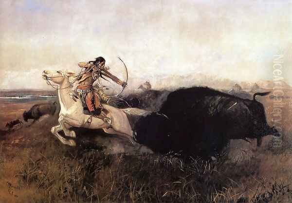 Indians Hunting Buffalo Oil Painting by Charles Marion Russell