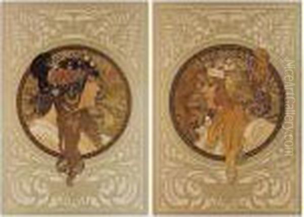 Tete Byzantine - Brunette; And Tete Byzantine - Blonde (academy Editions P.15a; And 16a) Oil Painting by Alphonse Maria Mucha